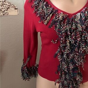 Ruby Rd. Red Fringe-Trim Sweater Top with Multi-Color Accents
